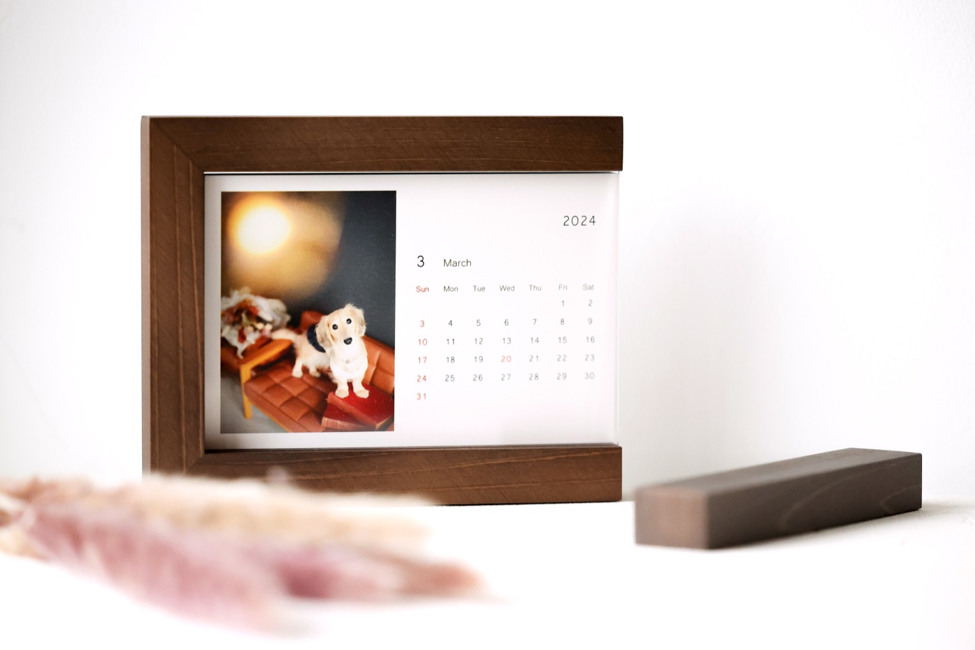 木製スタンドに立てたデスクカレンダーとダックスフンドの写真
