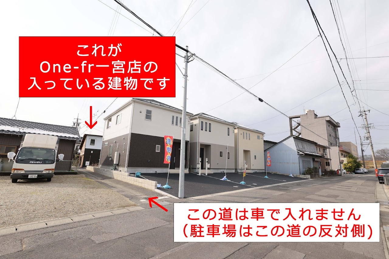 【☆】印から見たOne-fr一宮店の建物。手前の道は車では入れません