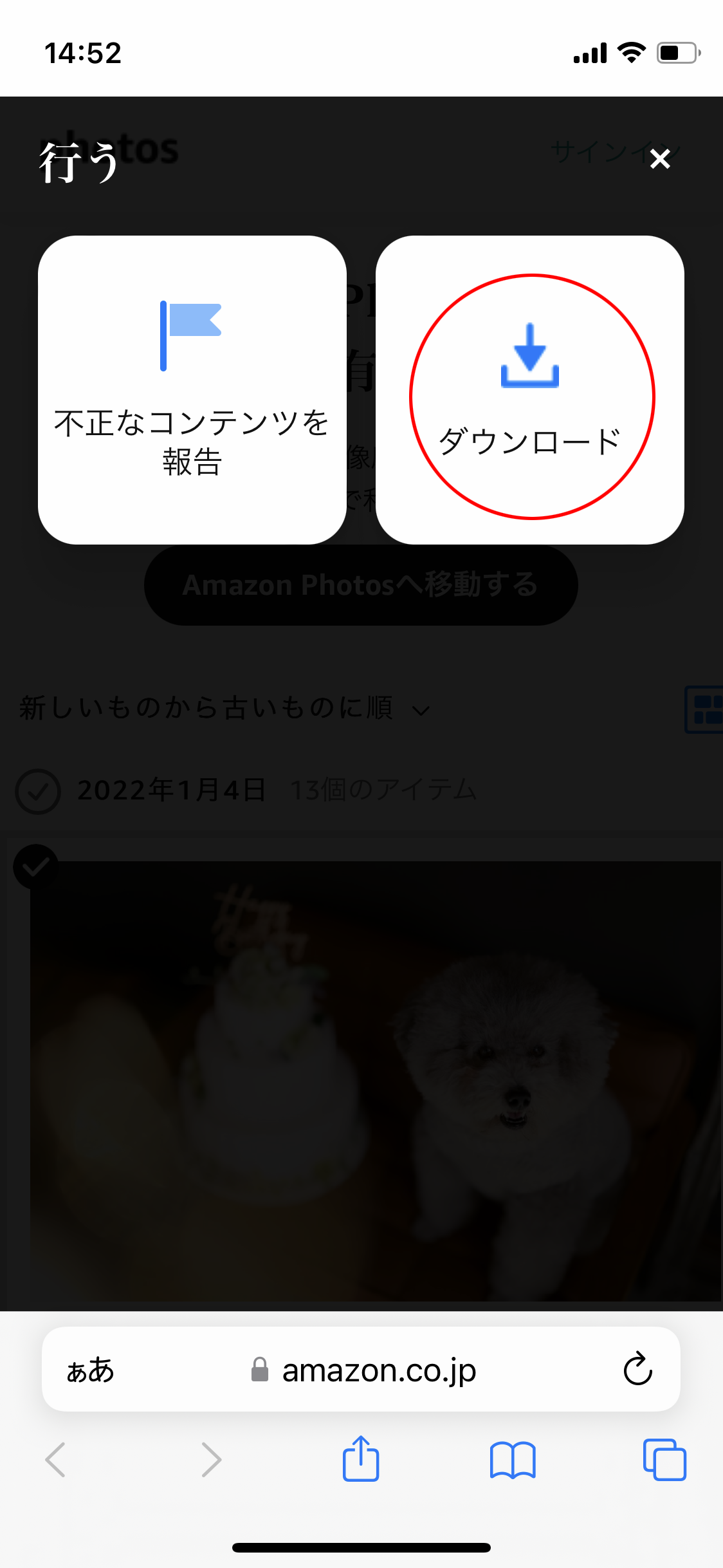 メニューの「ダウンロード」をタップして保存する